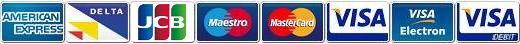  Major Credit and Debit cards accepted:
 Amex, Delta, Maestro, Mastercard, MC Debit,
 Solo, Switch, Visa, Visa Debit, Visa Electron. 