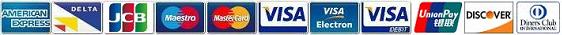  Major Credit and Debit cards accepted:
 Amex, Delta, JCB, Maestro, Mastercard, MC Debit,
 Visa, Visa Debit, Visa Electron, UnionPay, Discover, Diners. 